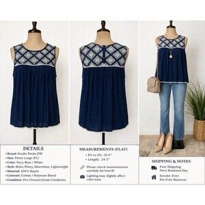 Studio Petite  JPR Women Blouse PL Petite Large Blue Boho sleeveless Embroidered